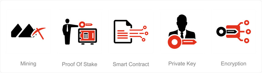 A set of 5 Blockchain icons as mining, proof of stake, smart contract