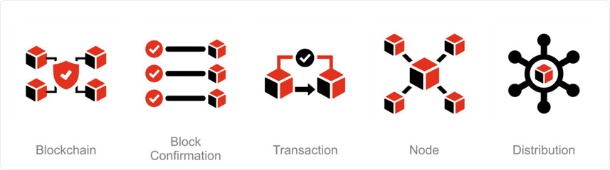 A set of 5 Blockchain icons as blockchain, block confirmation, transaction