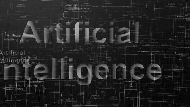 Artificial intelligence text technology animated background black white