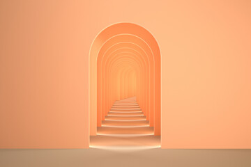 3d surreal render. Abstract arch tunnel peach fuzz color vertical background. 