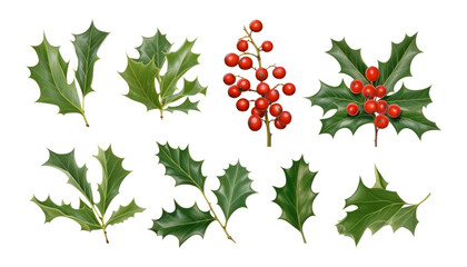 holly berries and leaves isolated on transparent background cutout