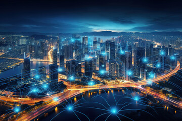 Digital city with high speed information and power grid. Digital community, smart society. DX, Iot, urban and rural nature areas digital network. digital society concept