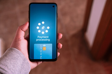 Woman use phone for online bank payment transfer. Business app. Shopping online. Digital purchase. Credit card.