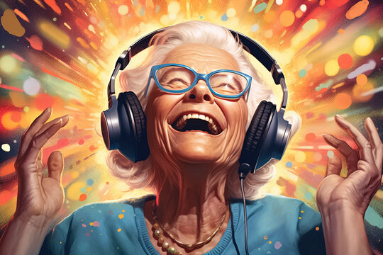 Senior Woman Listening Music With Headphones. Generative Ai