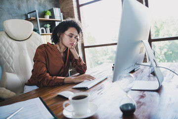 Photo of tired executive assistant fell asleep coworking workstation desk modern business center...
