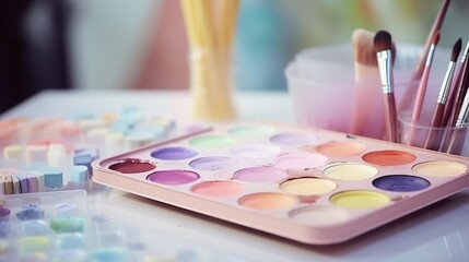 "Pastel-hued watercolor palette and brushes set for creative painting