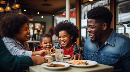 African-American family having fun spending time eating meal at outdoor restaurant - obrazy, fototapety, plakaty