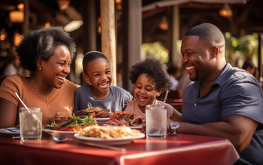 African-American family having fun spending time eating meal at outdoor restaurant - Powered by Adobe