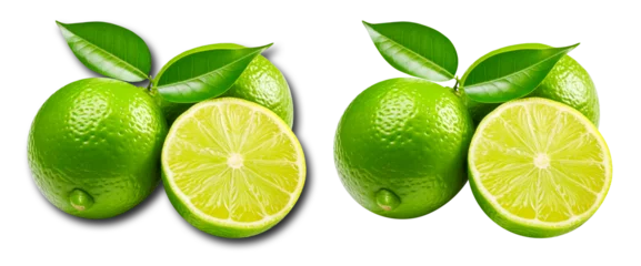 Fotobehang green limes with slice and leaves, with and without shadow isolated on a transparent background © Design Resources