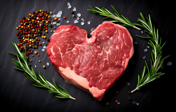 marbled beef steak like heart shape and rosemary hearb on dark background