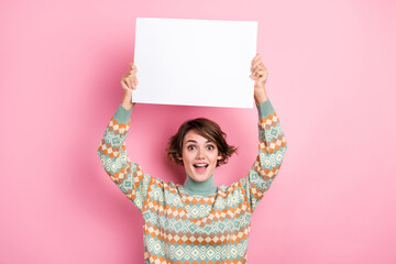 Photo of funky young lady astonished holding paper small placard mockup promoting wishlist shopping...