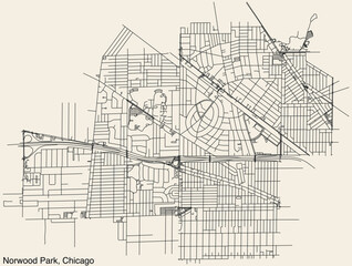 Fototapeta na wymiar Detailed hand-drawn navigational urban street roads map of the NORWOOD PARK COMMUNITY AREA of the American city of CHICAGO, ILLINOIS with vivid road lines and name tag on solid background