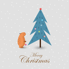 Christmas greeting card with cute capybara and Xmas tree