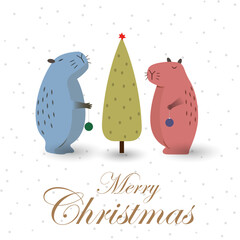 Christmas greeting card with cute capybaras and tree