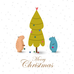 Christmas greeting card with cute capybaras and Xmas tree