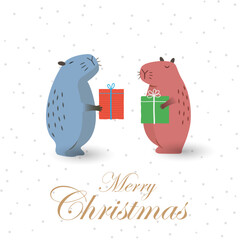 Christmas greeting card with cute capybaras