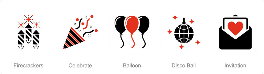A set of 5 Celebrate icons as firecrackers, celebrate, balloons