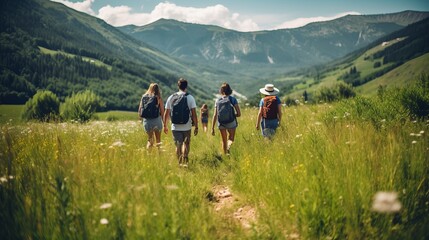 joyful hiking adventure: family and friends sweating in the american mountains - candid vacation moment - obrazy, fototapety, plakaty