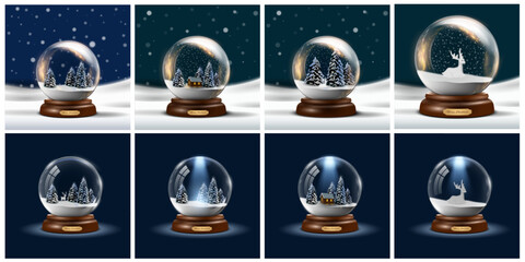Set of Glass snow globe on blue Christmas decorative design