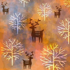 Winter Christmas watercolor background with deers and trees
