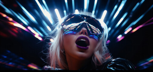 Screaming concert happy female fan. The neon-lit stadium is reflected in the fan glistening eye, creating a visually captivating image.
