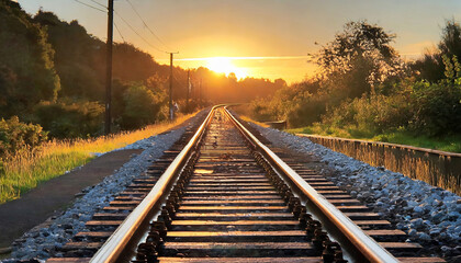 Obraz premium Sunset Train Journey: Captivating Railway Landscape with Steel Tracks and Beautiful Sky