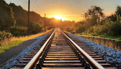 Sunset Train Journey: Captivating Railway Landscape with Steel Tracks and Beautiful Sky