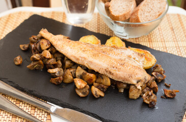 Fried trout fillet on pillow of fried champignon mushrooms on dark warm stone plate