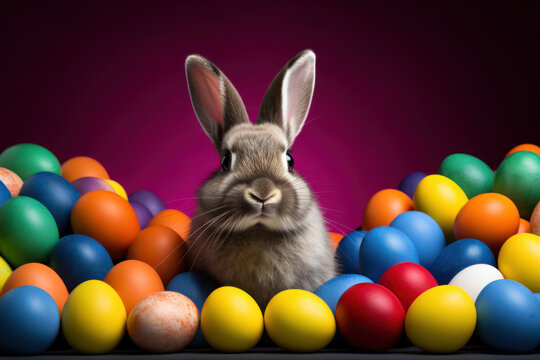 Fête de Pâques, un lapin avec des œufs multicolores sur fond coloré