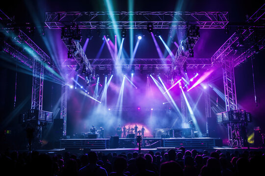 A Live stage production in an live venue. Stage rigging equipment, lighting, and PA systems.