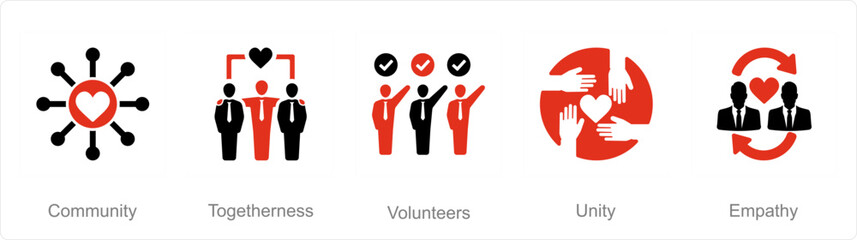 A set of 5 Charity and donation icons as community, togetherness, volunteers