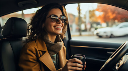 Happy young woman holding cup of coffee to go driving her car, caucasian woman driving car and drinking coffee - Powered by Adobe