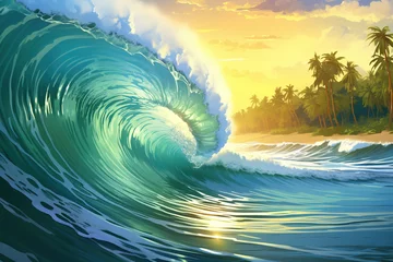 Foto op Canvas A beautiful ocean wave forming a tube. Summer tropical resort incoming wave. © arhendrix