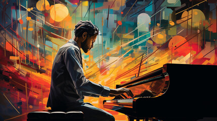 A pianist in an avant-garde setting, surrounded by abstract visual elements, symbolizing the fusion of music and art. - obrazy, fototapety, plakaty