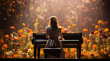A concert pianist performing on a stage adorned with vibrant flowers, creating a visually rich and celebratory scene. - obrazy, fototapety, plakaty