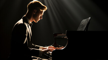 A pianist in a monochromatic setting, surrounded by shadows and highlights, emphasizing the contrasts in their performance.