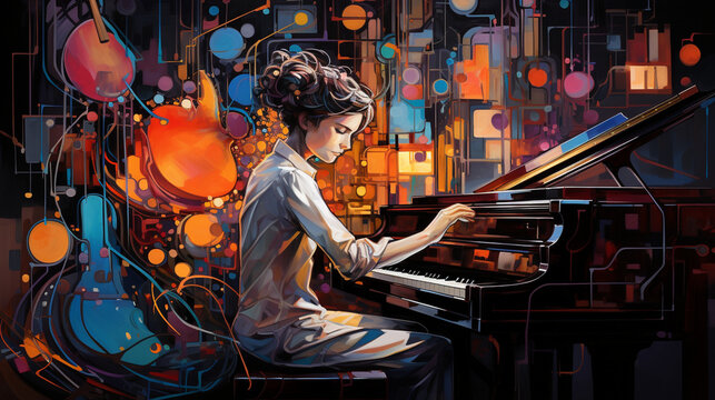 A pianist in an avant-garde setting, surrounded by abstract visual elements, symbolizing the fusion of music and art.