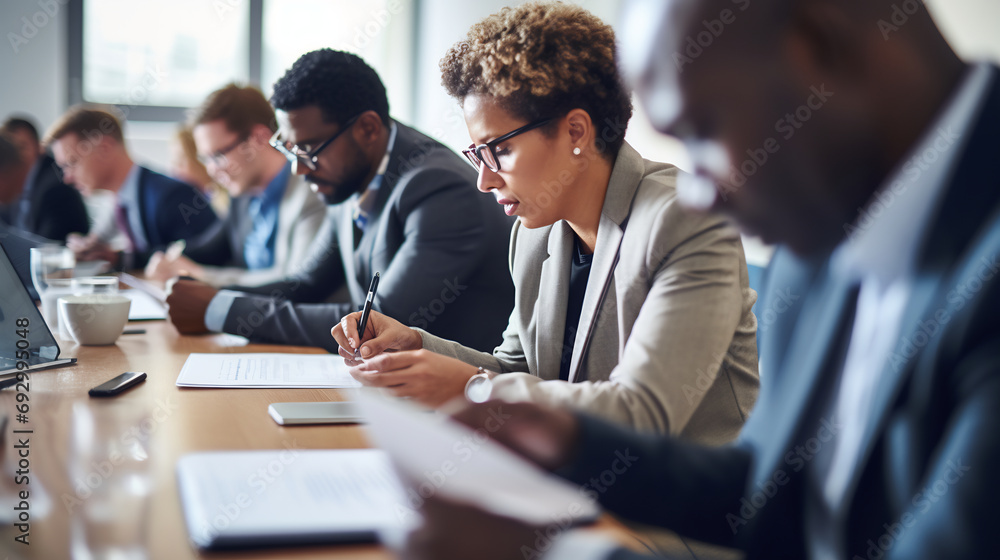 Wall mural Professional business woman gathered around a conference table, businesswoman in office meeting