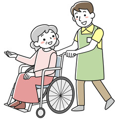 車椅子に乗ったシニア女性と男性職員