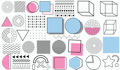 Retro pop design set with Memphis geometric shapes pattern and frame elements. Editable with open path. Illustration, vector, design