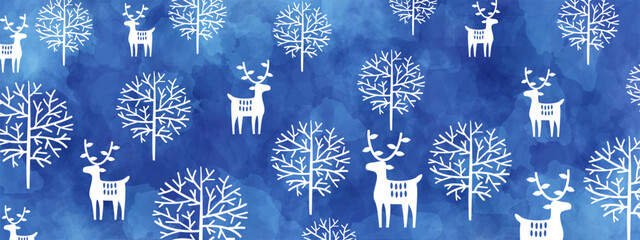Blue Winter Christmas watercolor background with deers and trees