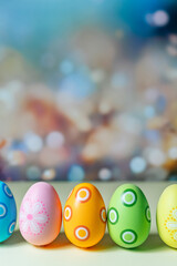 Easter eggs on light pastel background with bright color decoration.