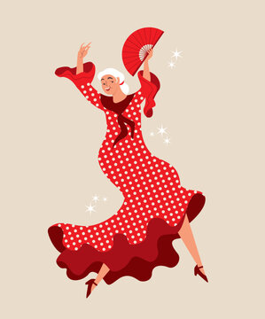 Senior lady dancing Spanish flamenco.  Aged lady dancing. Spanish culture. Active retirement concept.