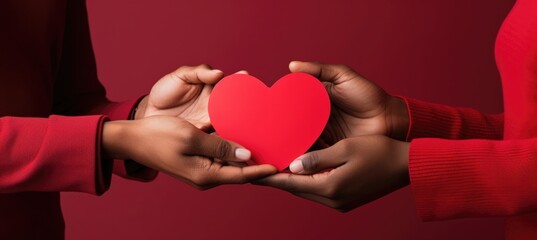 romance couple, man and woman hands holding red paper heart on red background, love Valentine Day