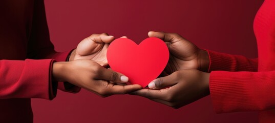 romance couple, man and woman hands holding red paper heart on red background, love Valentine Day - Powered by Adobe