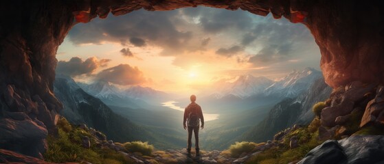 bold explorer in mountain cave: adventurous man amid rocky peaks, aerial landscape in british columbia at sunset - 3d rendering