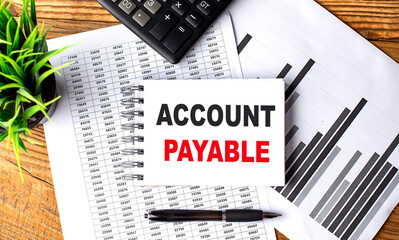 ACCOUNT PAYABLE text on a notebook with chart and calculator