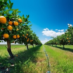 Orange orchards on a beautiful sunny day. Fields cultivated by rows of trees