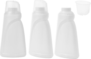 white detergent plastic bottle with measuring cap and cleaning liquid isolated