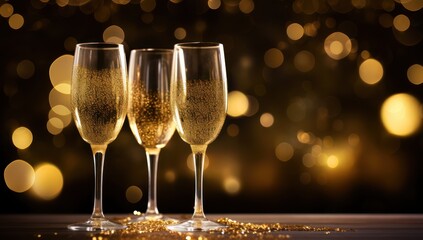 Glasses of sparkling wine in front of tender bright gold bokeh. Holiday golden glitter confetti, new year banner 2024